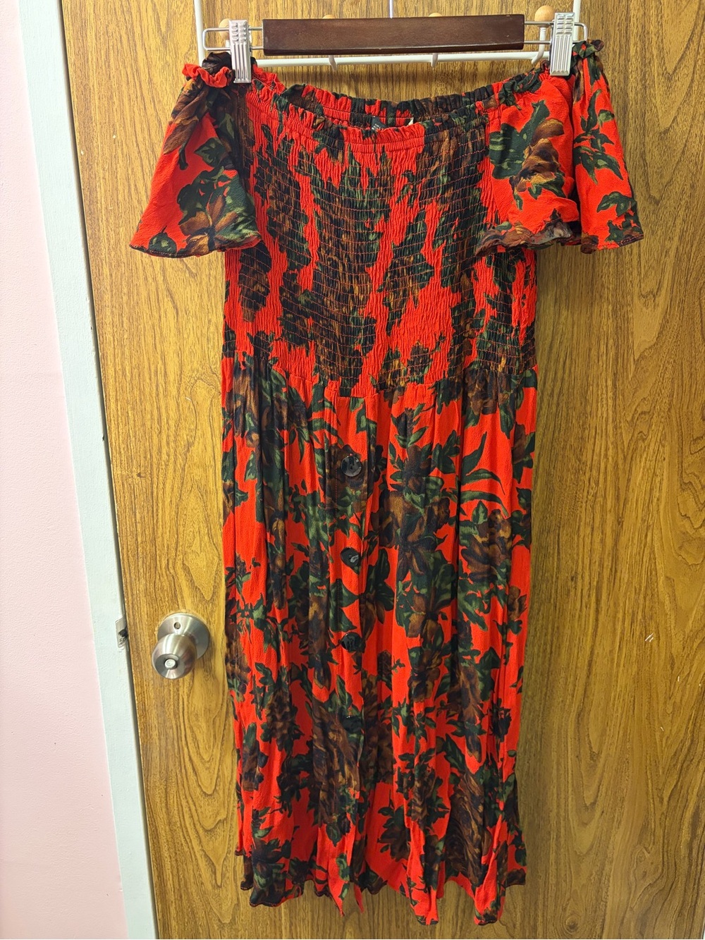 Zara Red Floral Off-Shoulder Smocked Maxi Dress